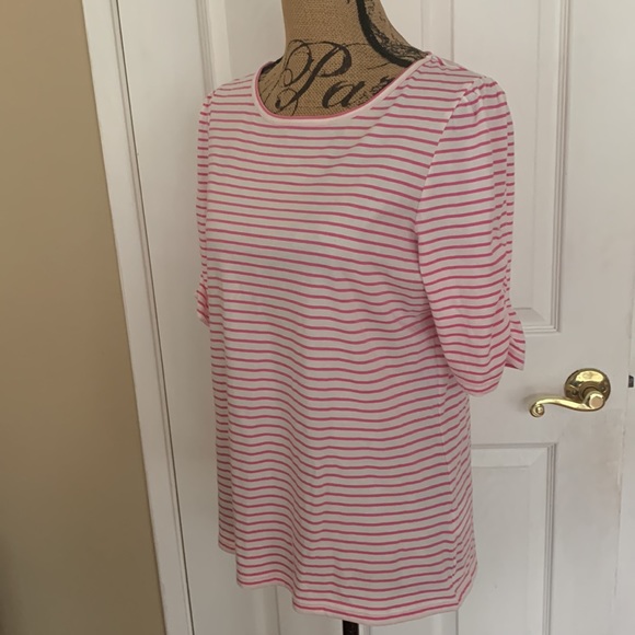 Boden Breton pink stripe tee ruched sleeves 100% cotton US size 10 - Picture 2 of 8